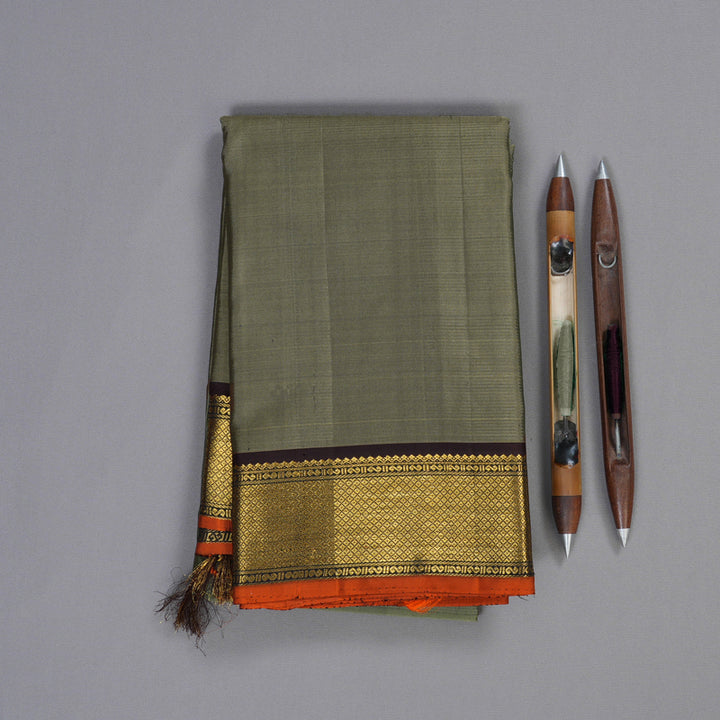 Hayagrivas Greenish Grey Handloom Kanjivaram Silk Saree with Black Border BBD1422L14-1