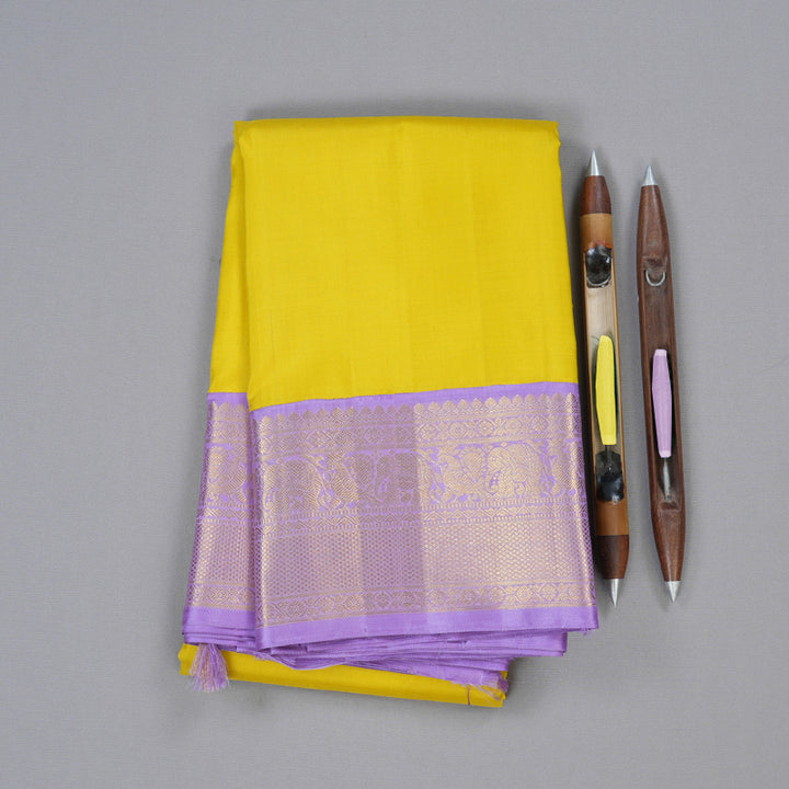 Hayagrivas Bold Lemon Yellow Handloom Kanjivaram Silk Saree with Lavender Border BBD1426L1-1