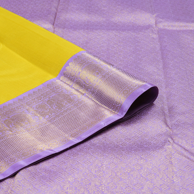 Hayagrivas Bold Lemon Yellow Handloom Kanjivaram Silk Saree with Lavender Border BBD1426L1-1
