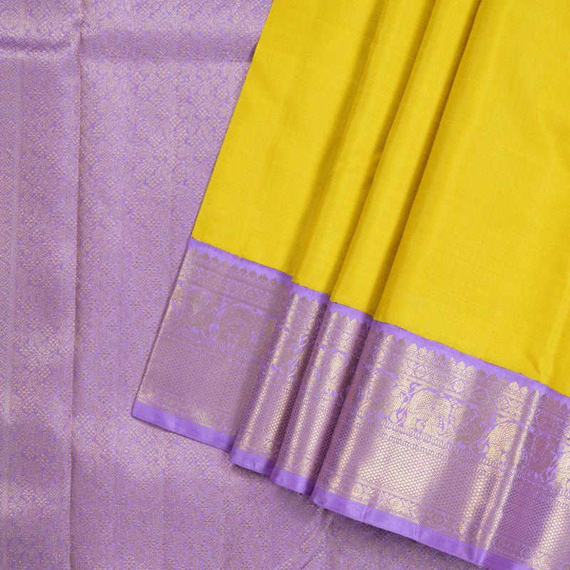 Hayagrivas Bold Lemon Yellow Handloom Kanjivaram Silk Saree with Lavender Border BBD1426L1-1