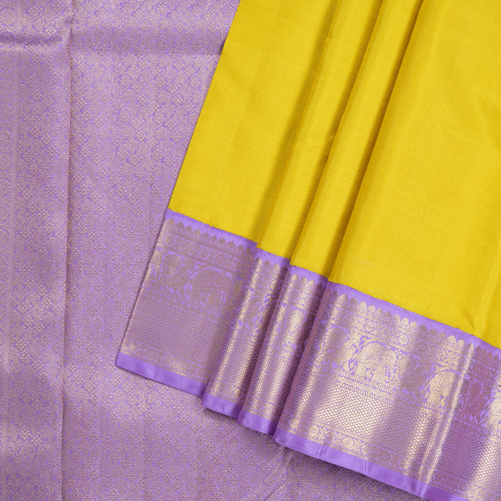 Hayagrivas Bold Lemon Yellow Handloom Kanjivaram Silk Saree with Lavender Border BBD1426L1-1