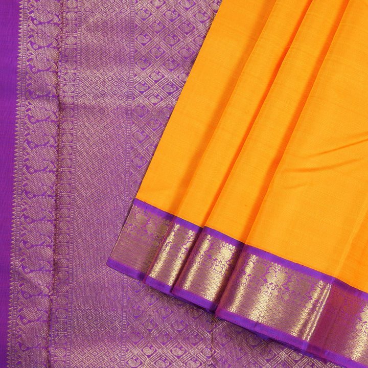 Hayagrivas Mango Yellow Handloom Kanjivaram Silk Saree with Purple Border BBD1433L1-1