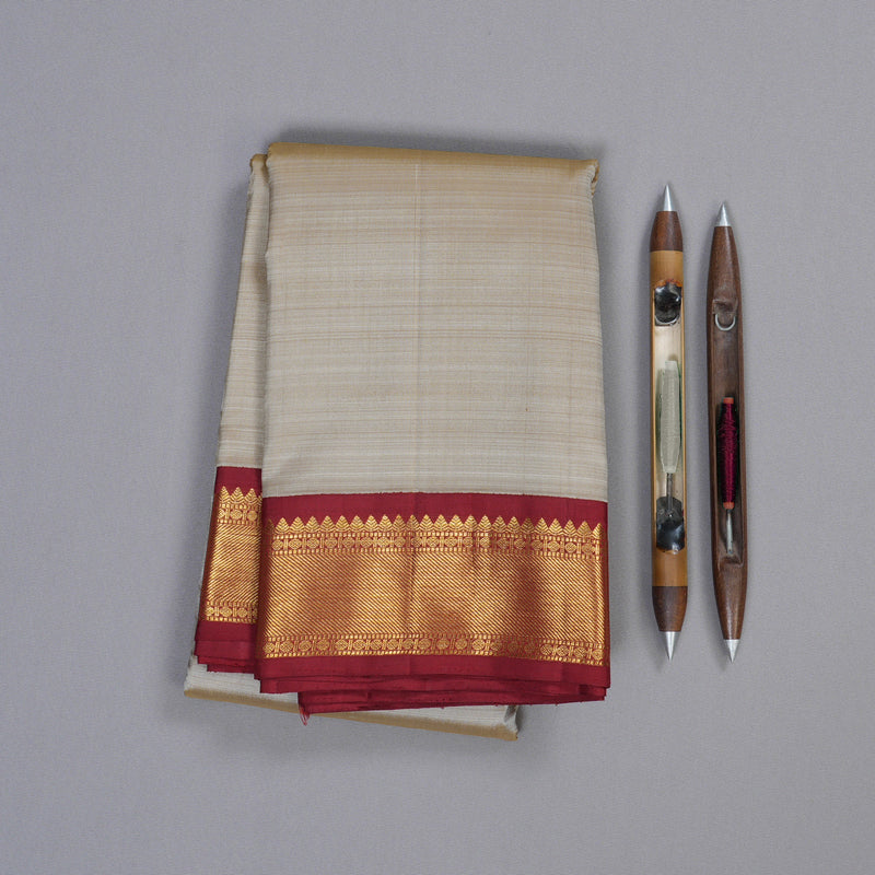 Hayagrivas Beige Handloom Kanjivaram Silk Saree with Maroon Border BBD1442L1-1