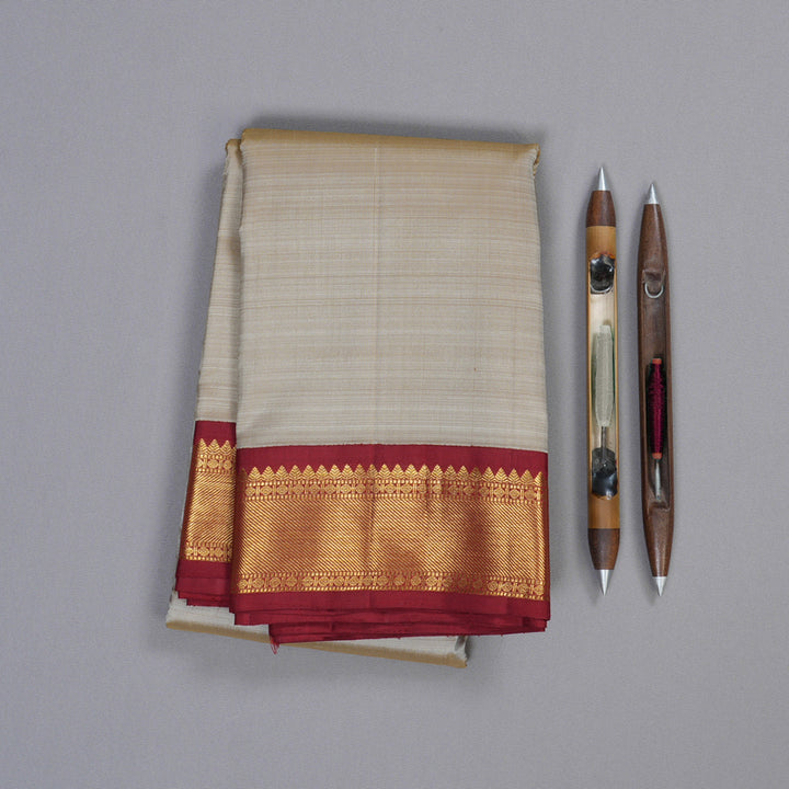 Hayagrivas Beige Handloom Kanjivaram Silk Saree with Maroon Border BBD1442L1-1