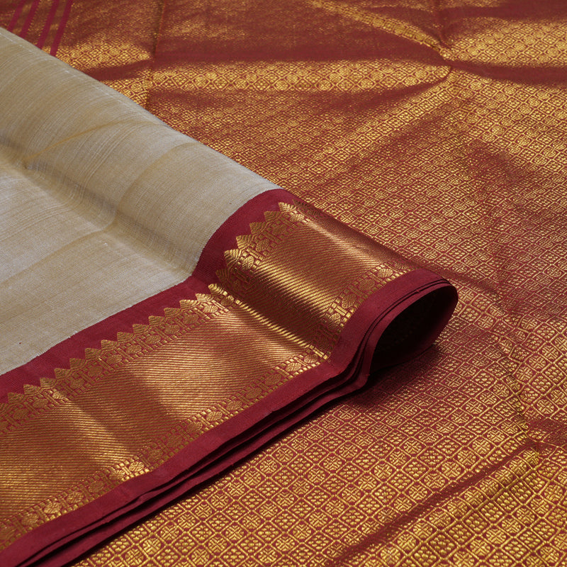 Hayagrivas Beige Handloom Kanjivaram Silk Saree with Maroon Border BBD1442L1-1