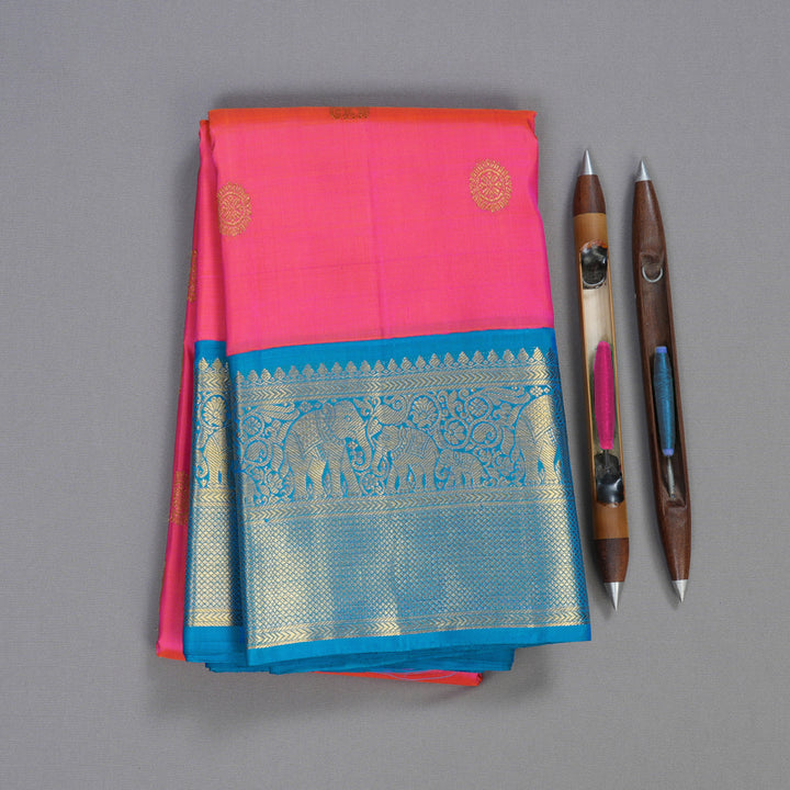 Hayagrivas Orangish Pink Handloom Kanjivaram Silk Saree with Sky Blue Border BBD1442L5-1