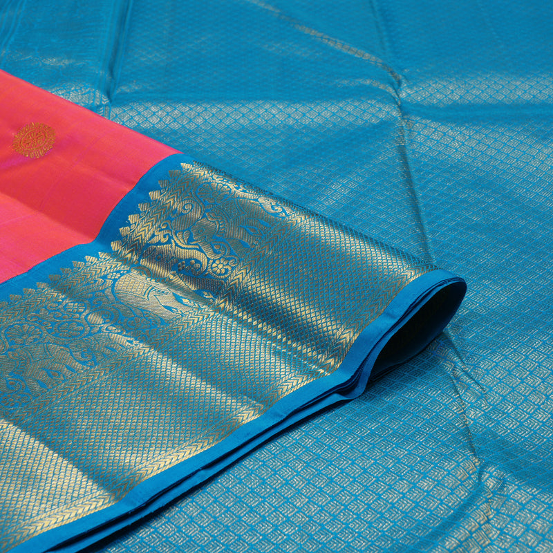 Hayagrivas Orangish Pink Handloom Kanjivaram Silk Saree with Sky Blue Border BBD1442L5-1