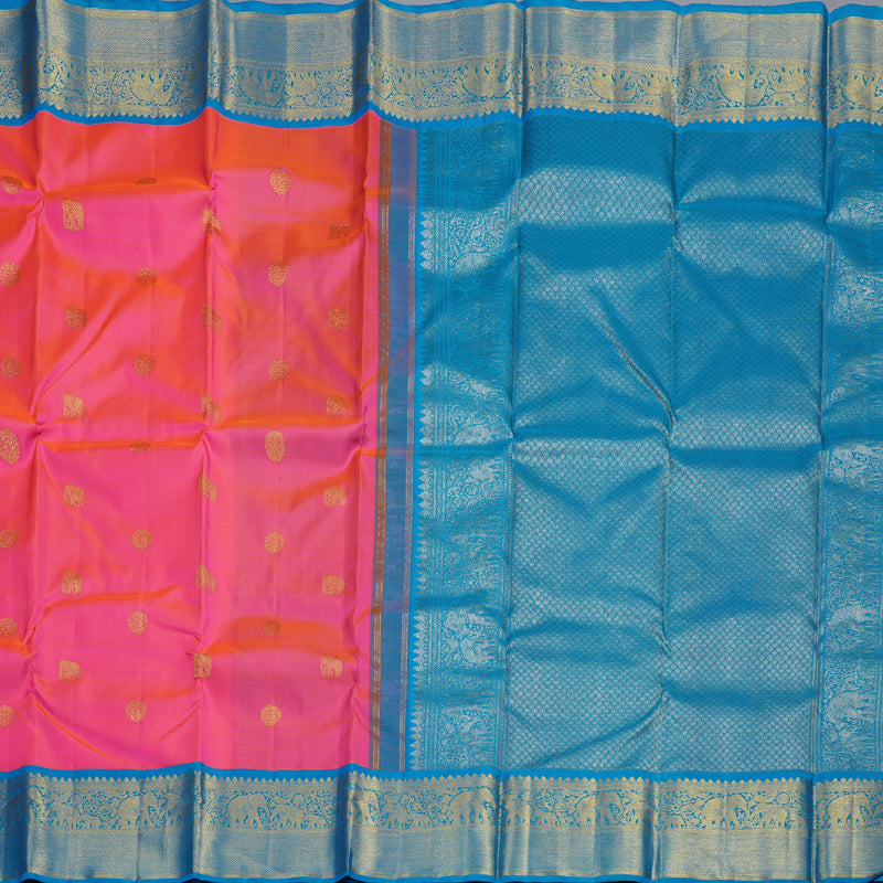 Hayagrivas Orangish Pink Handloom Kanjivaram Silk Saree with Sky Blue Border BBD1442L5-1