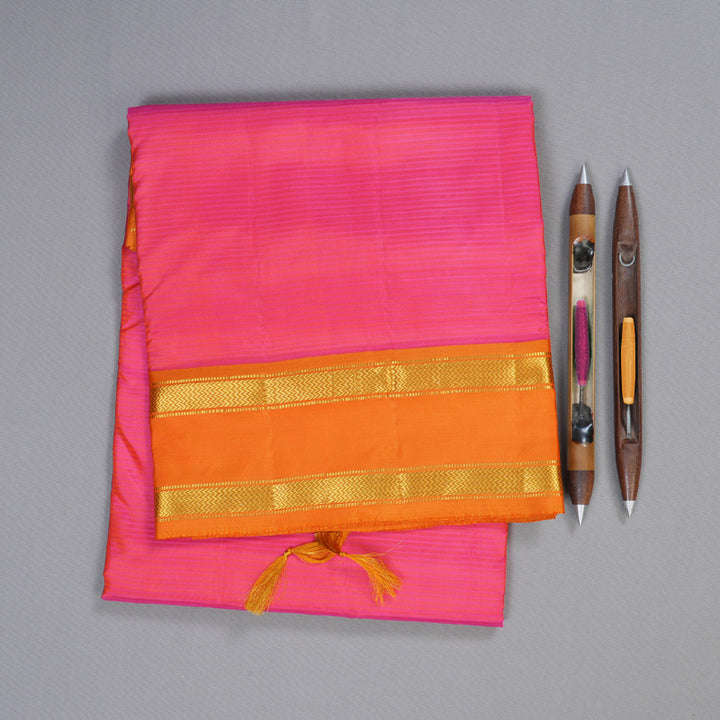 Hayagrivas Orangish Pink Handloom Kanjivaram Ten Yards Silk Saree with Mango Yellow Border BBD1448L1-11