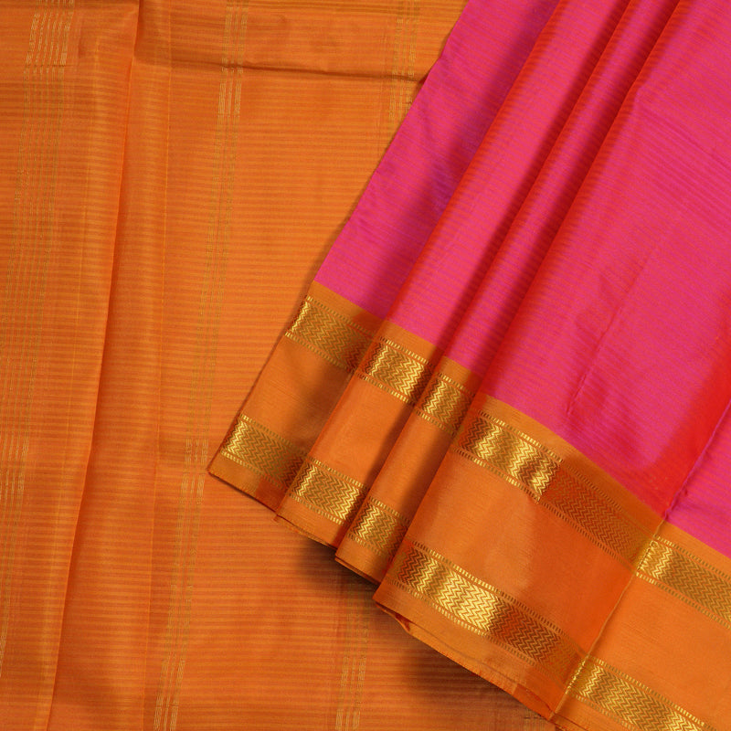 Hayagrivas Orangish Pink Handloom Kanjivaram Ten Yards Silk Saree with Mango Yellow Border BBD1448L1-11