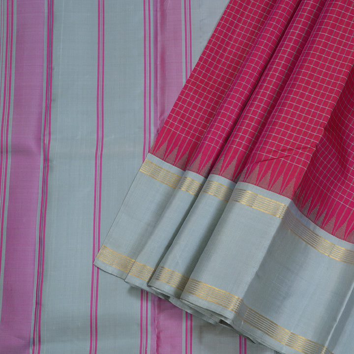 Hayagrivas Reddish Pink Handloom Kanjivaram Silk Saree with Ganga Jamuna (Silver Grey And Baby Pink) Border BBD1454L2-6