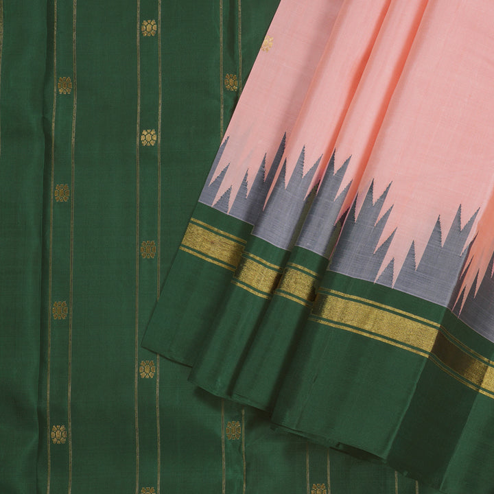 Hayagrivas Light Peach Pink Handloom Kanjivaram Silk Saree with Bottle Green Border BBD1454L2-7