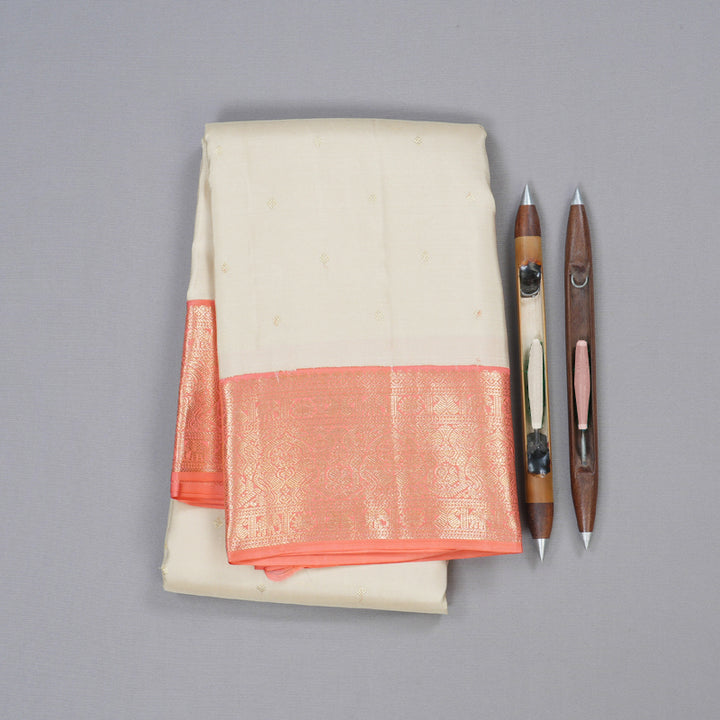 Hayagrivas Half White Handloom Kanjivaram Silk Saree with Peach Pink Border BBD1455L2-3