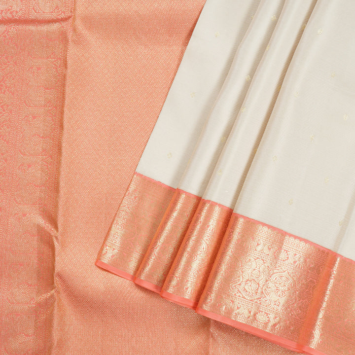 Hayagrivas Half White Handloom Kanjivaram Silk Saree with Peach Pink Border BBD1455L2-3