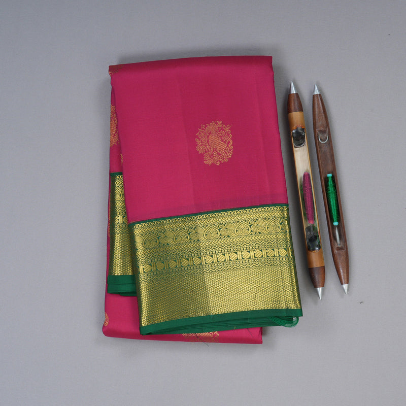 Hayagrivas Reddish Pink Handloom Kanjivaram Silk Saree with Bottle Green Border BBD1455L6-1