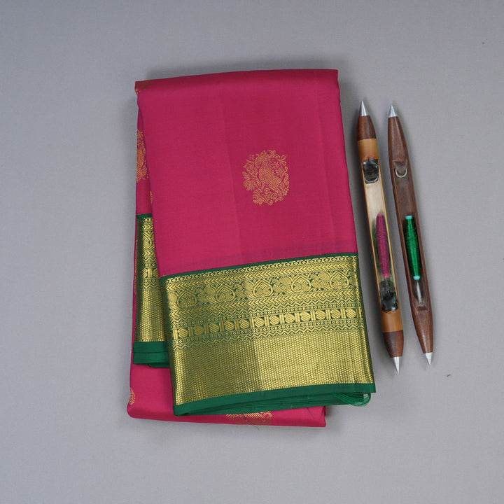 Hayagrivas Reddish Pink Handloom Kanjivaram Silk Saree with Bottle Green Border BBD1455L6-1