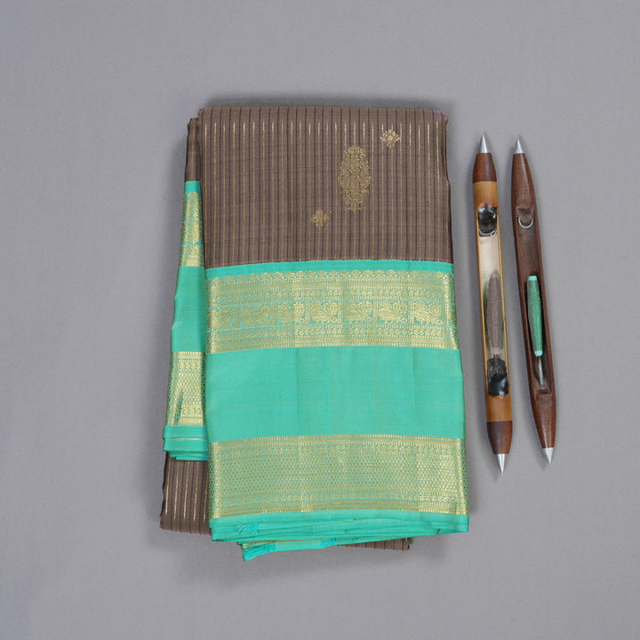 Hayagrivas Copper Color Handloom Kanjivaram Silk Saree with Sea Blue Border BBD1455L7-1