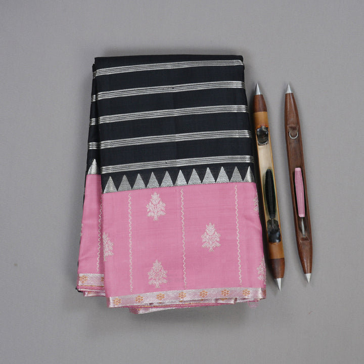 Hayagrivas Black Handloom Kanjivaram Silk Saree with Rose Pink Border BBD1456L18-1