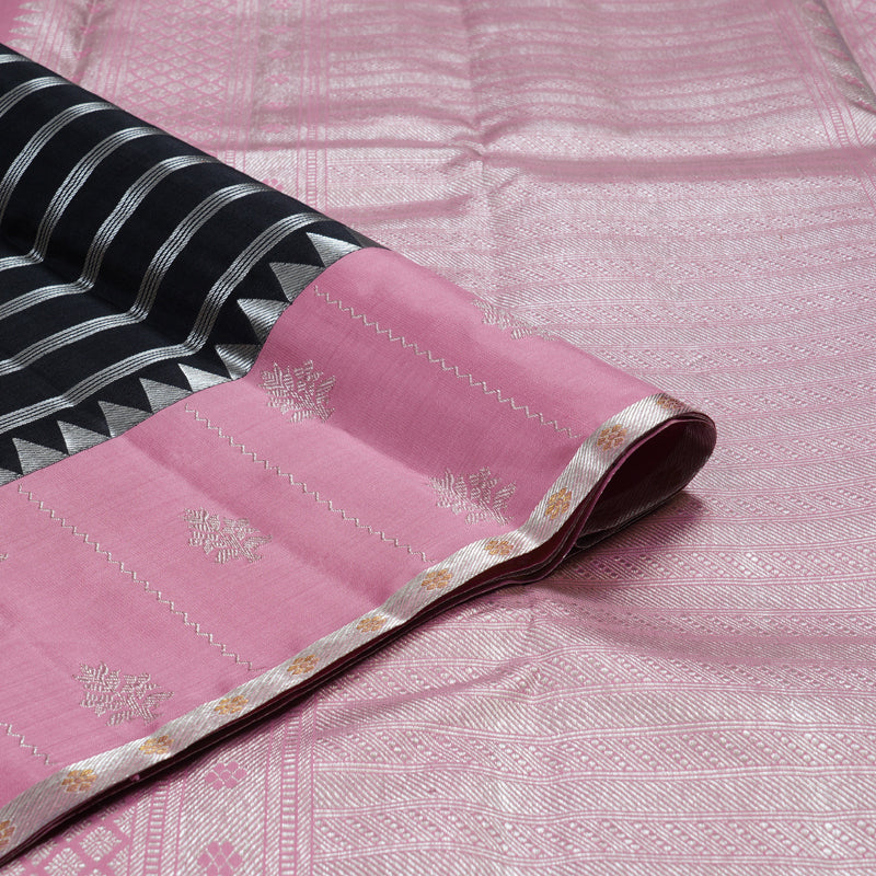 Hayagrivas Black Handloom Kanjivaram Silk Saree with Rose Pink Border BBD1456L18-1