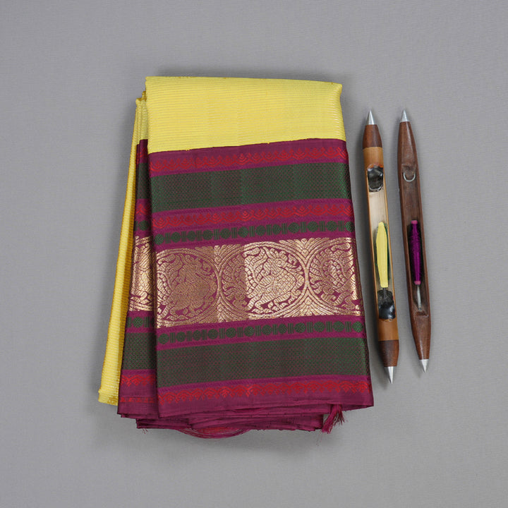 Hayagrivas Lemon Yellow Handloom Kanjivaram Silk Saree with Purple Border BBD1457L8-1