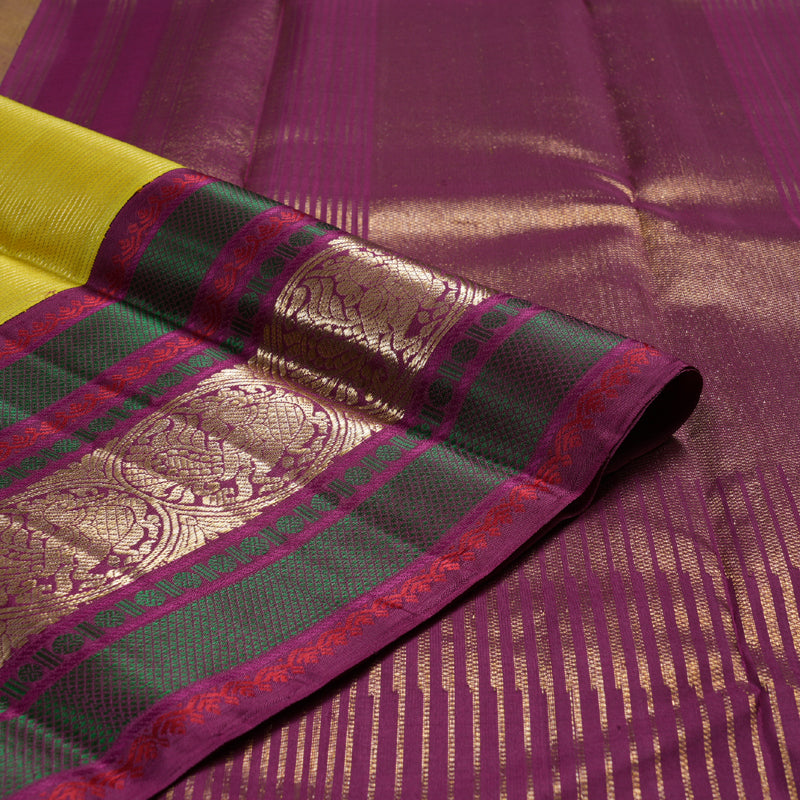Hayagrivas Lemon Yellow Handloom Kanjivaram Silk Saree with Purple Border BBD1457L8-1
