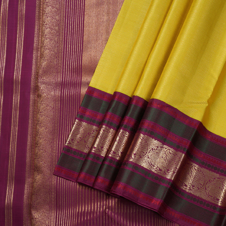 Hayagrivas Lemon Yellow Handloom Kanjivaram Silk Saree with Purple Border BBD1457L8-1