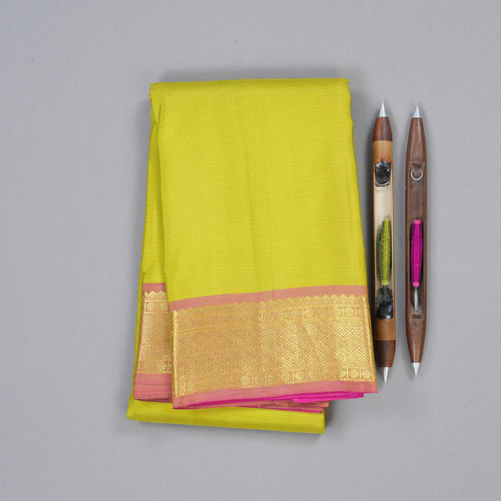 Hayagrivas Lime Green Handloom Kanjivaram Silk Saree with Pink Border BBD1461L8-3