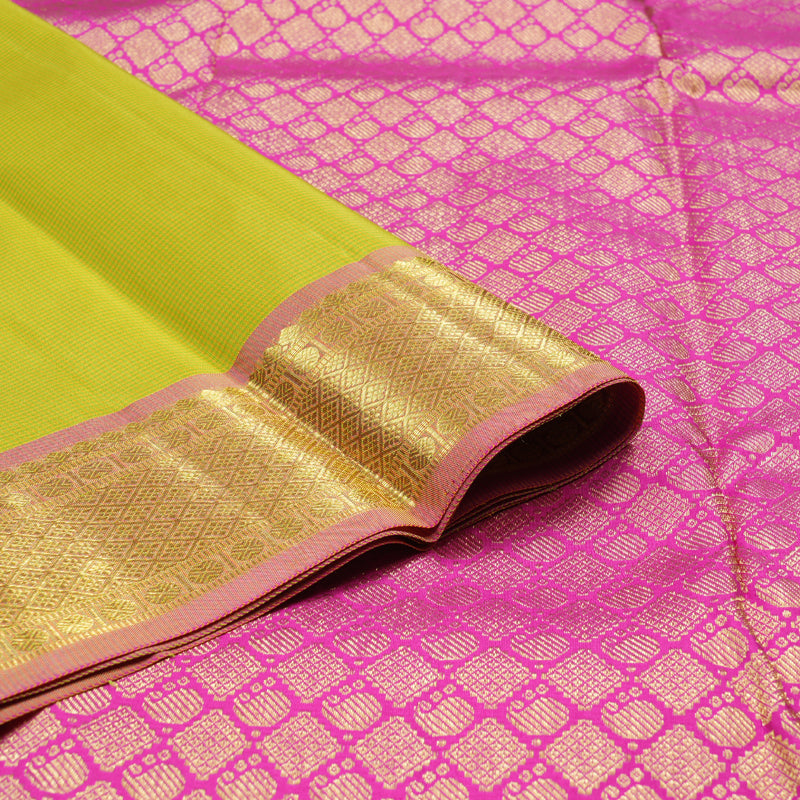 Hayagrivas Lime Green Handloom Kanjivaram Silk Saree with Pink Border BBD1461L8-3