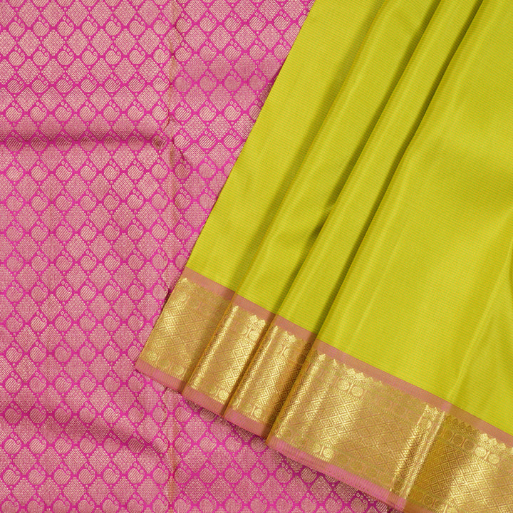 Hayagrivas Lime Green Handloom Kanjivaram Silk Saree with Pink Border BBD1461L8-3