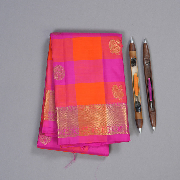 Hayagrivas Multi Color Checks Handloom Kanjivaram Silk Saree with Pink Border BBD1466L3-4