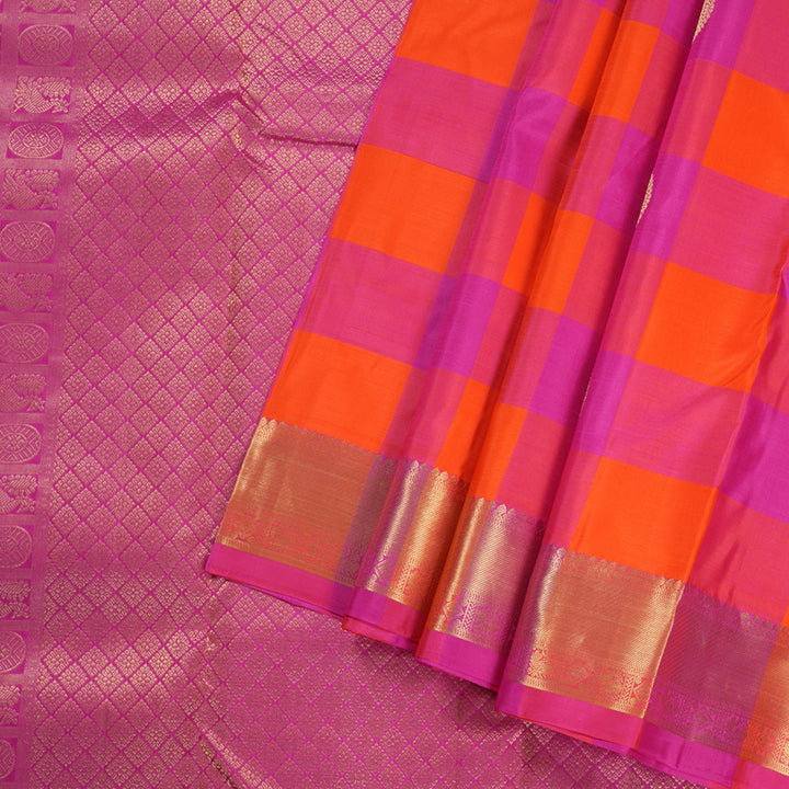 Hayagrivas Multi Color Checks Handloom Kanjivaram Silk Saree with Pink Border BBD1466L3-4