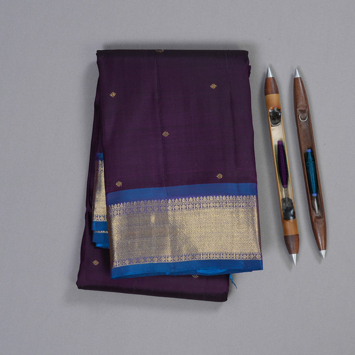 Hayagrivas Dark Purple Handloom Kanjivaram Silk Saree with Sky Blue Border BBD1466L5-4