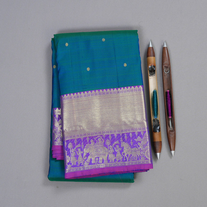 Hayagrivas Peacock Blue Handloom Kanjivaram Silk Saree with Purple Border BBD1466L6-6