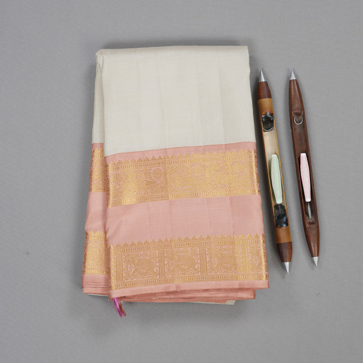 Hayagrivas Half White Handloom Kanjivaram Silk Saree with Peah Pink Border BBD1469L1-1
