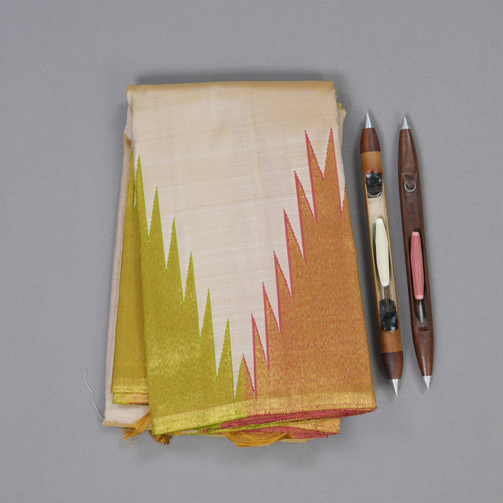 Hayagrivas Sandal Beige Handloom Kanjivaram Silk Saree with Green And Pink Border BBD146D5-1