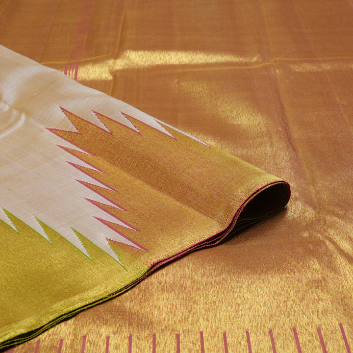 Hayagrivas Sandal Beige Handloom Kanjivaram Silk Saree with Green And Pink Border BBD146D5-1