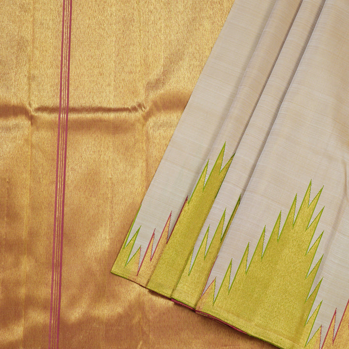 Hayagrivas Sandal Beige Handloom Kanjivaram Silk Saree with Green And Pink Border BBD146D5-1