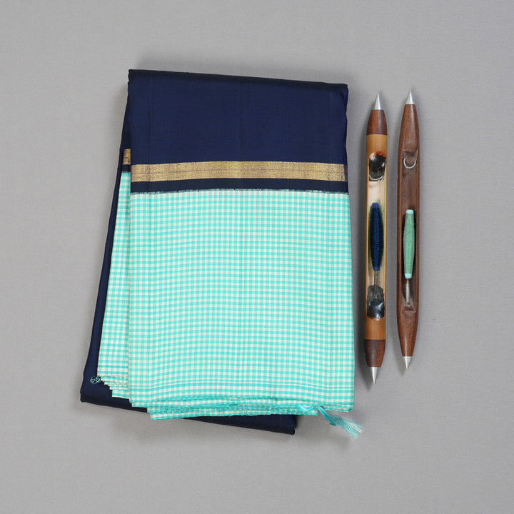 Hayagrivas Blue Handloom Kanjivaram Silk Saree with Sky Blue With White Muted Checks Border BBD1471L2-2