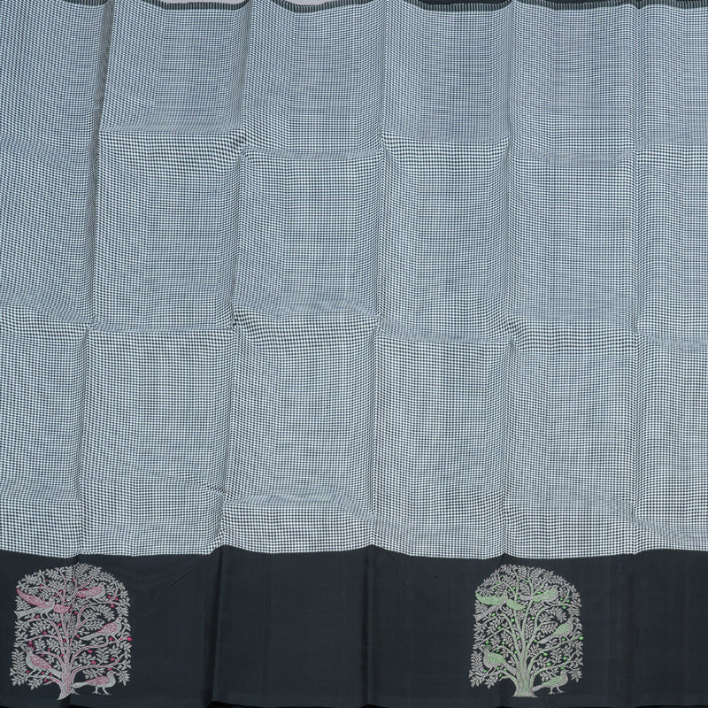 Hayagrivas Black and White Muted Checks Handloom Kanjivaram Silk Saree with Black Border BBD1471L5-1