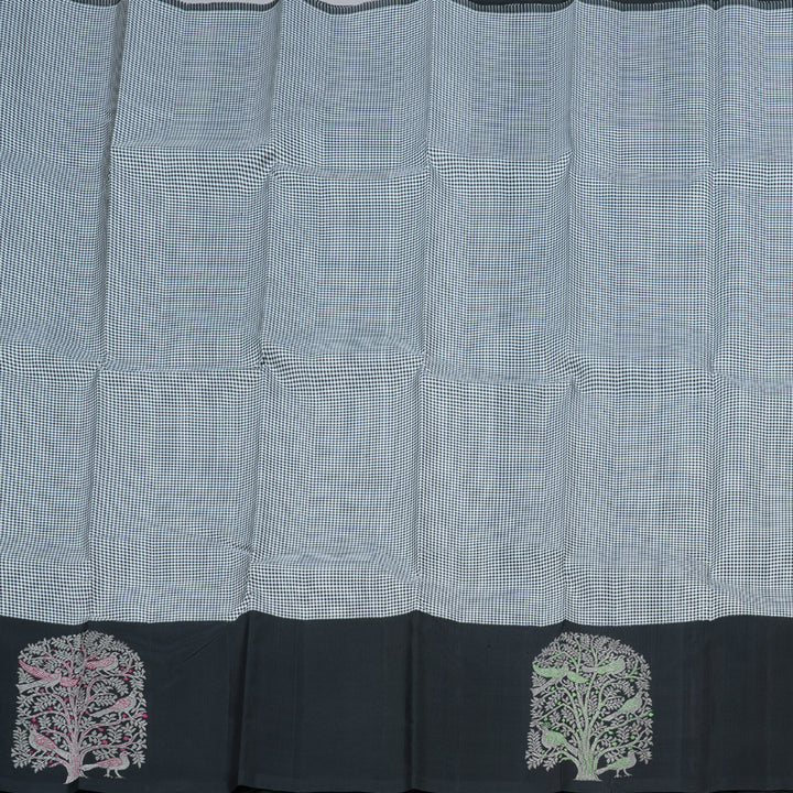 Hayagrivas Black and White Muted Checks Handloom Kanjivaram Silk Saree with Black Border BBD1471L5-1