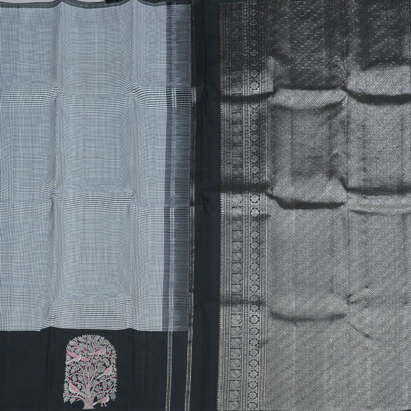 Hayagrivas Black and White Muted Checks Handloom Kanjivaram Silk Saree with Black Border BBD1471L5-1
