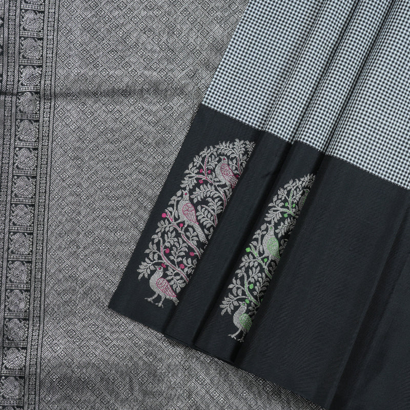 Hayagrivas Black and White Muted Checks Handloom Kanjivaram Silk Saree with Black Border BBD1471L5-1