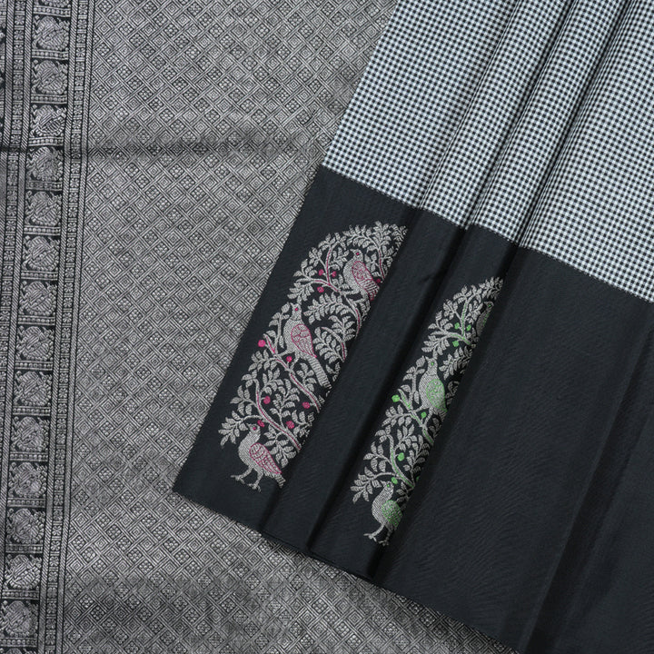Hayagrivas Black and White Muted Checks Handloom Kanjivaram Silk Saree with Black Border BBD1471L5-1