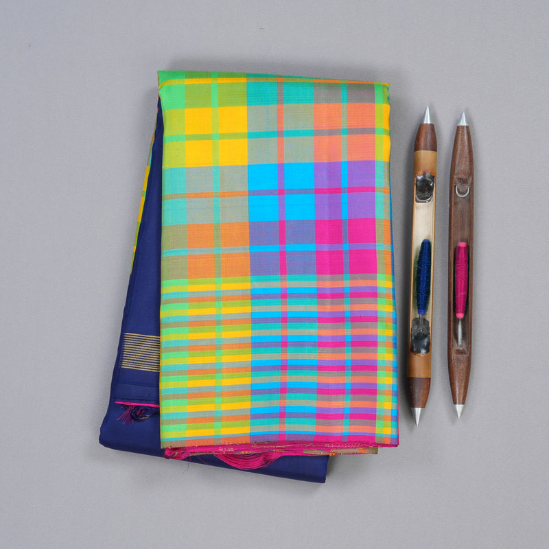 Hayagrivas Blue and Multi Color Checks Handloom Kanjivaram Silk Saree BBD1471L6-1