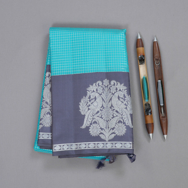 Hayagrivas Sky Blue Handloom Kanjivaram Silk Saree with Bluish Grey Border BBD1472L3-1