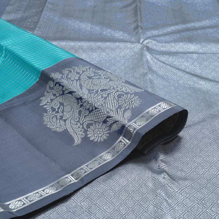 Hayagrivas Sky Blue Handloom Kanjivaram Silk Saree with Bluish Grey Border BBD1472L3-1