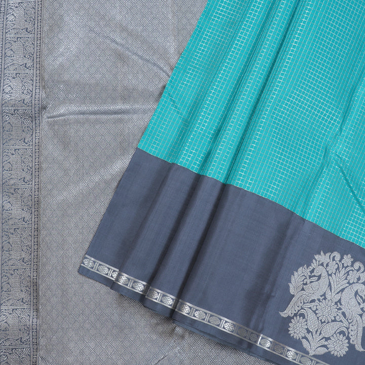 Hayagrivas Sky Blue Handloom Kanjivaram Silk Saree with Bluish Grey Border BBD1472L3-1