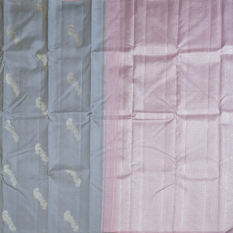 Hayagrivas Alluring Silver Grey Handloom Kanjivaram Silk Saree BBD1472L5-1