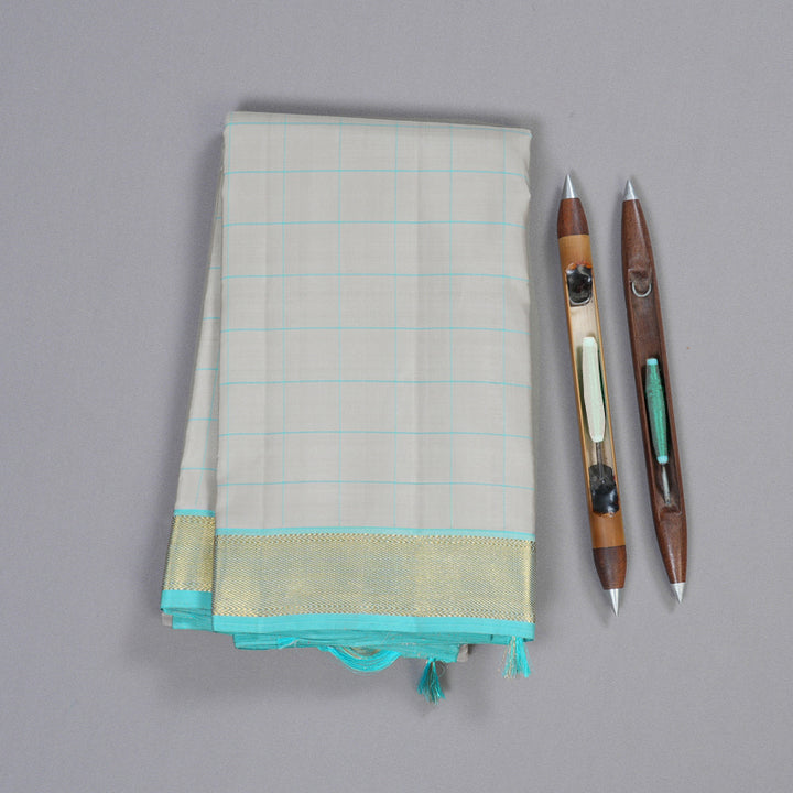 Hayagrivas Silver Grey Handloom Kanjivaram Silk Saree with Sky Blue Border BBD1472L7-1