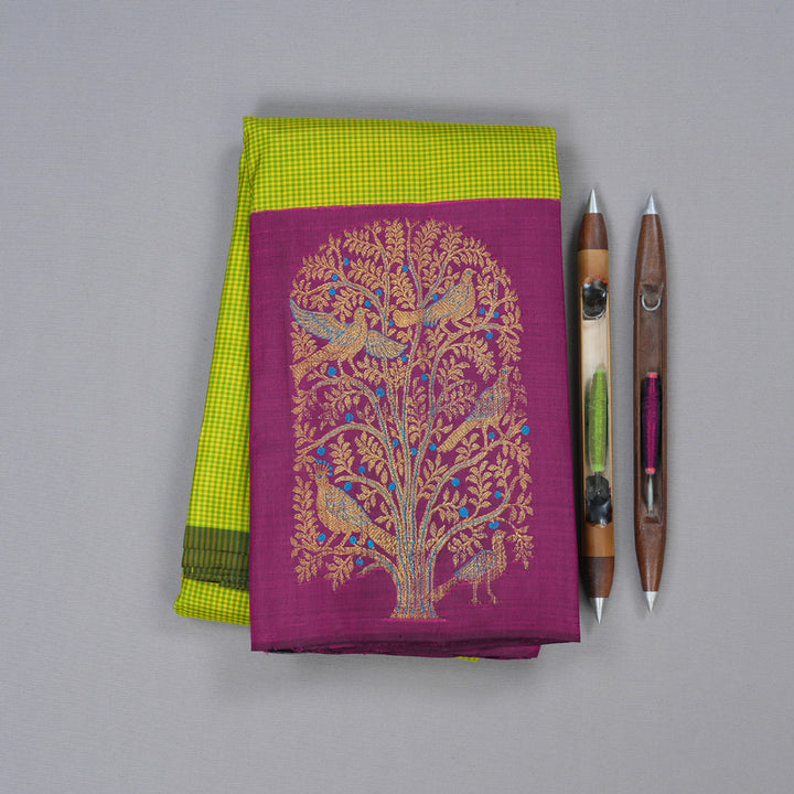 Hayagrivas Green with Yellow Muted Checks Handloom Kanjivaram Silk Saree with Dark Purple Border BBD1475L6-1